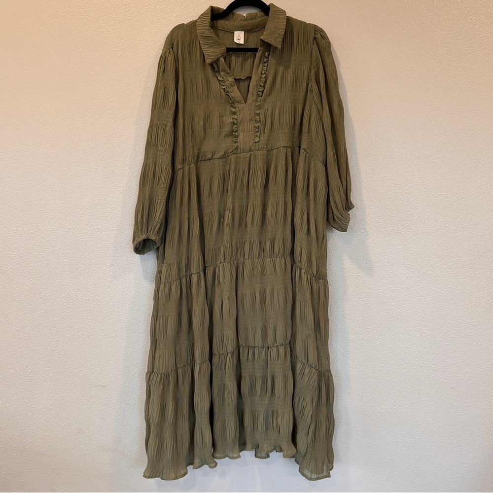 Like Love Olive Green Tiered Dress Crinkled Lace Trim Women’s Size 1X‎